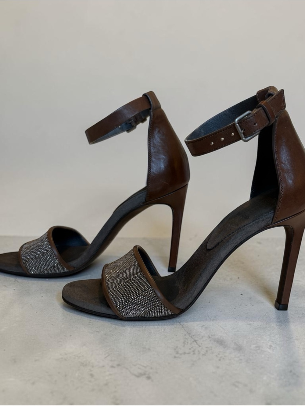 CUCINELLI Women's Brown leather & silver beaded Ankle-Strap Sandals